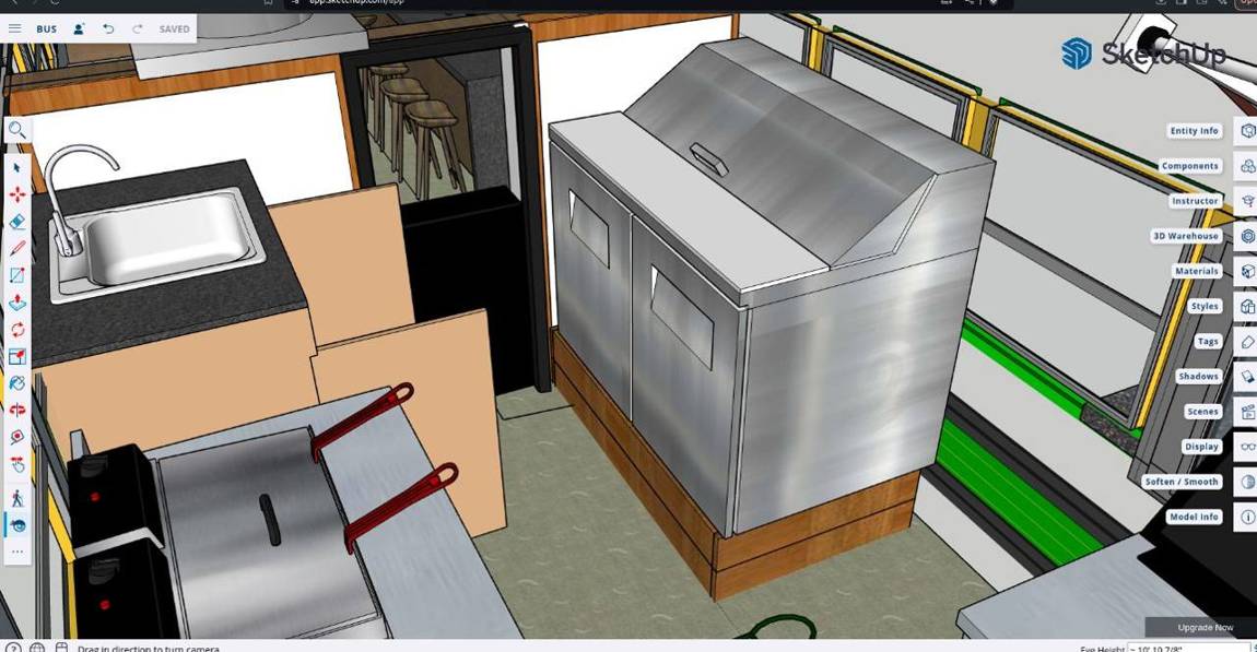 3D model close-up of the bus kitchen