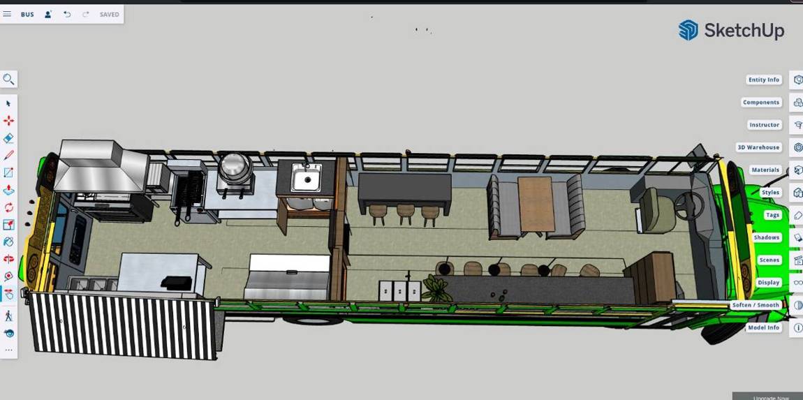 3D model of the bus layout with kitchen, counter seating and booth dining