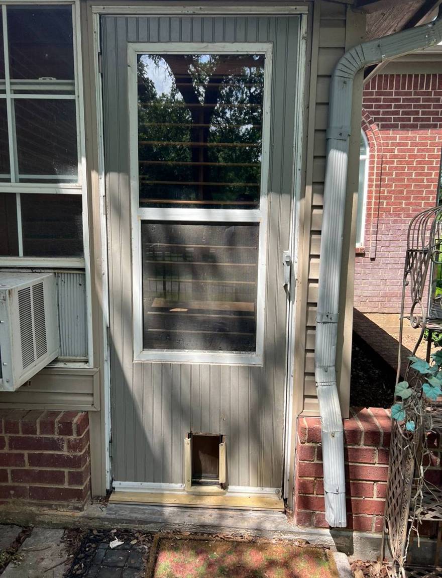 Old weathered exterior door with a pet flap