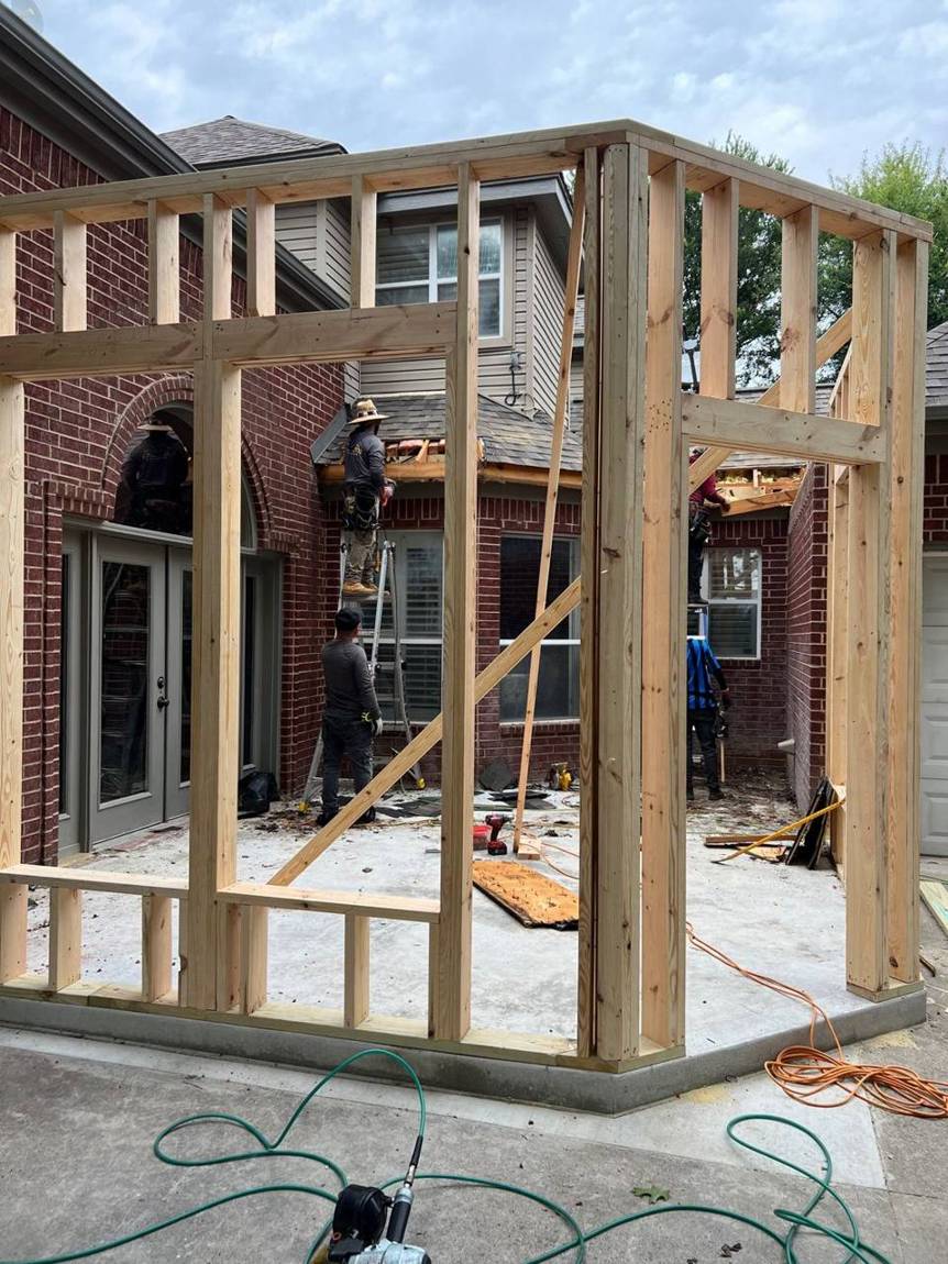 Our crew framing a room addition in Lakeside, Texas